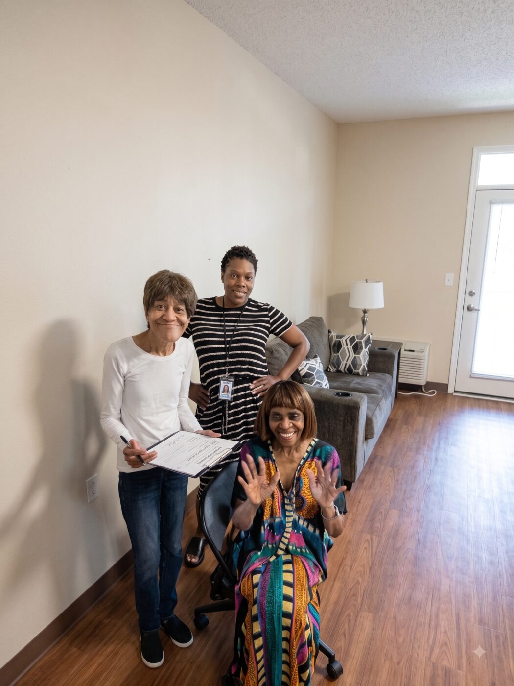 Golden Cross staff welcoming a resident into her new apartment during move-in Golden Cross staff welcoming a resident into her new apartment during move-in